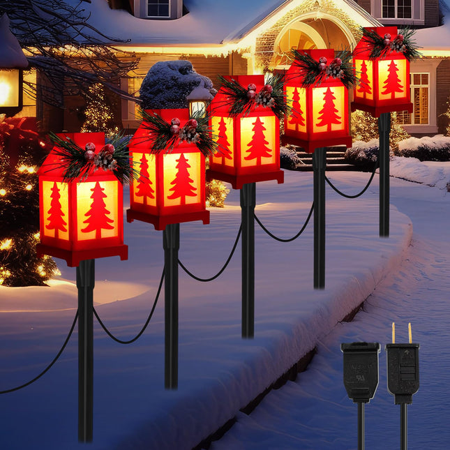 Christmas Pathway Markers Lights Waterproof Garden Stake Lights Connectable Christmas Decorations Ground Lights, 7 ft Total, Landscape Path Lights for Outdoor Walkway Patio(Christmas Tree)