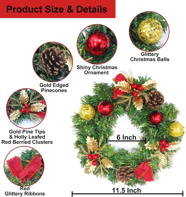 3 Pcs 11.5 Inch Small Christmas Wreath Mini Christmas Door Wreath with Gold Holly Pine Tips Xmas Ball Christmas Decorations for Indoor Window Wall Stairs Room Home Office Decor Kitchen