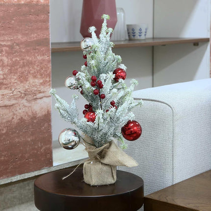 20 Inch Tabletop Christmas Mini Tree, Artificial Snow Flocked Small Christmas Pine Tree with Silver Red Christmas Balls Burlap Base for Home Table Desk Dining Bedroom Christmas Party Decorations