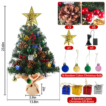 Krissing 2 Pack Mini Christmas Tree, 2FT Artificial Small Christmas Tree with 50 Lights Pine Cone Red Berries Battery Operated Realistic Tabletop Christmas Tree for Indoor DIY Christmas Decorations