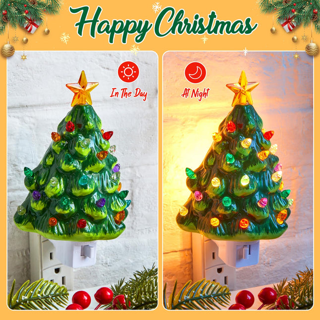 Brightown Ceramic Christmas Tree Night Light - 2 Pack Vintage Christmas Night Light with ON/Off Switch, 6" Decorative Ceramic Tree Light for Bedroom Living Room Xmas Holiday Decor, Green and White