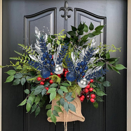 DILATATA 3 Pcs Christmas Glitter Leaves Fern Stems with Ball Ornament, Bay Leaves, 15 Inch Artificial Christmas Picks Floral Branches for Christmas Tree, Xmas Wreath, Centerpieces, Home Decor - Blue