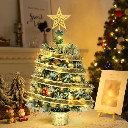 Small Prelit Christmas Tree, 20" Tabletop Mini Xmas Trees, Snow Flocked Battery Operated Tiny Artificial Trees with Lights, Balls Ornaments, Lighted Xmas Decorations for Table Centerpiece