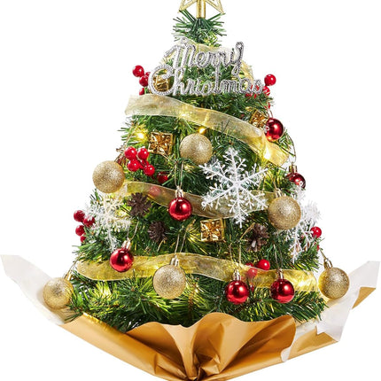 26.7'' Artificial Mini Christmas Tree, Tabletop Xmas Tree, Small Christmas Tree with Light, Star Treetop Pine Cones Boxes and Ball Ornaments for DIY Christmas Decorations