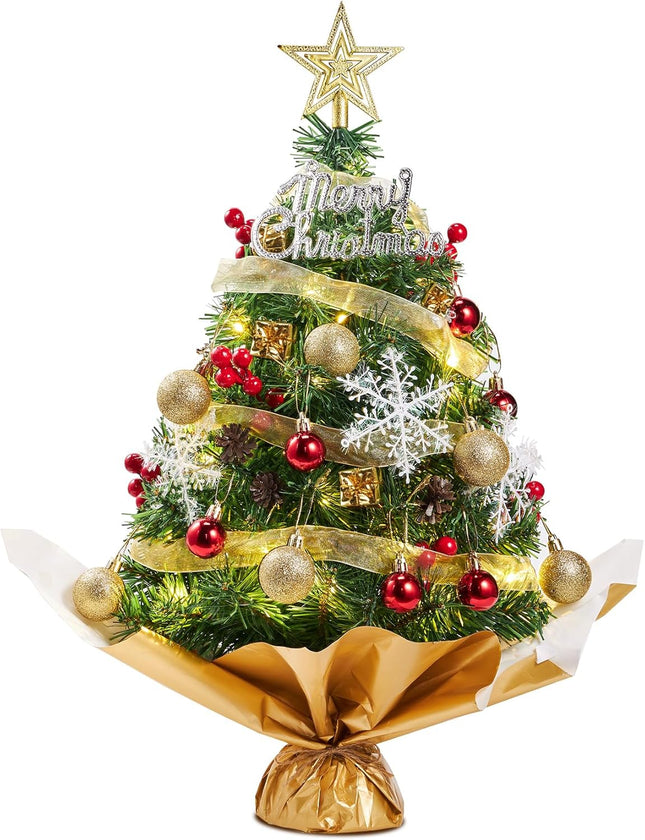 26.7'' Artificial Mini Christmas Tree, Tabletop Xmas Tree, Small Christmas Tree with Light, Star Treetop Pine Cones Boxes and Ball Ornaments for DIY Christmas Decorations