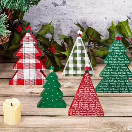 Whaline 5Pcs Wooden Christmas Tree Tabletop Decoration 3 Sizes Red Green Plaid Xmas Tree Table Centerpieces Rustic Sanding Christmas Tree Wood Sign for Home Office Fireplace Farmhouse