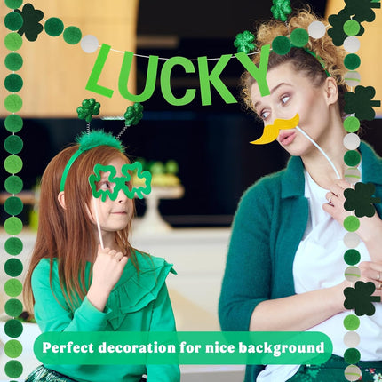 3PCS St Patrick's Day Felt Ball Garlands with Shamrock,Green/Dark Green/White Pom Pom Garland 6.6FT Felt Ball Garland Banner Hanging Decoration,Irish Themed Party Favors for Home Fireplace Mantle