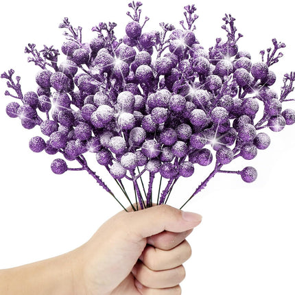 16 Pieces Artificial Glitter Berries Stems, 8-Inch Frosted Christmas Picks Berry Sprays Twig Glitter Holly Berry Branches for Xmas Tree Fillers Ornaments, Wreath, Crafts, Home Holiday Decor (Purple)