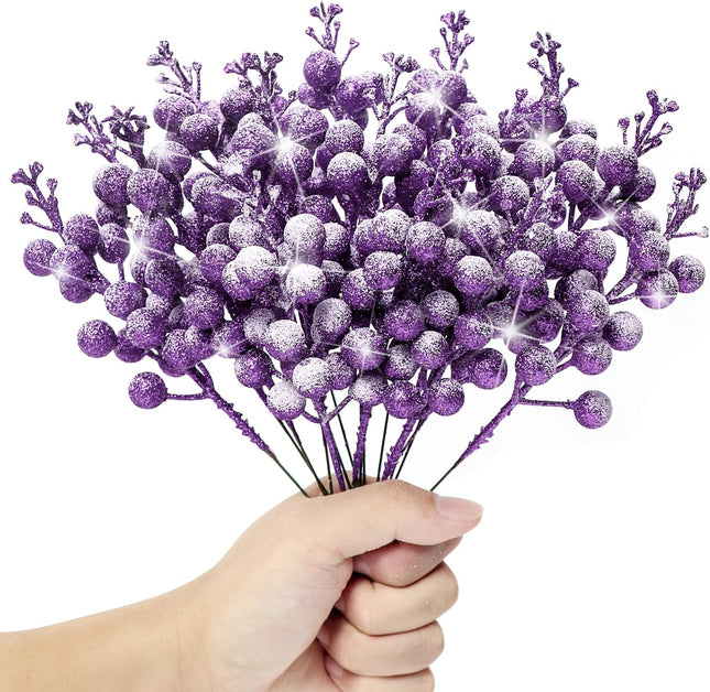 16 Pieces Artificial Glitter Berries Stems, 8-Inch Frosted Christmas Picks Berry Sprays Twig Glitter Holly Berry Branches for Xmas Tree Fillers Ornaments, Wreath, Crafts, Home Holiday Decor (Purple)