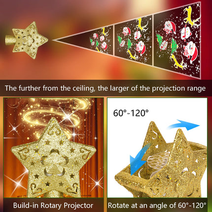 Christmas Tree Topper Lighted with 4 Projected Patterns, Christmas Tree Topper Star Projector Build-in LED Rotating Lights, 3D Glitter Gold Star for Xmas Party Holiday Decoration (Star)