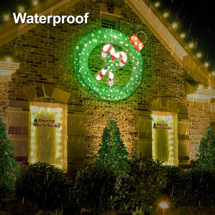 36 inch Outdoor Christmas Wreath with Lights, 8 Modes Lighted Wreath for Front Door, 120 LED Prelit Metal Wreath with Candy Cane, Lit Wreath for Yard Garden Outdoor Christmas Decor, Plug in