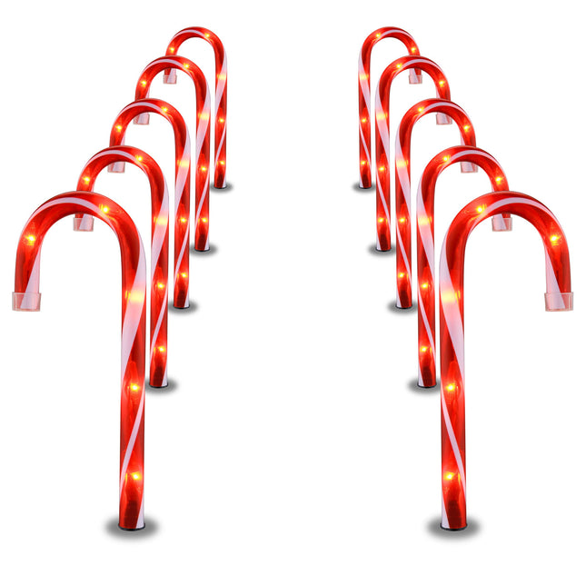 Candy Cane Lights - 10 Pack Candy Cane Pathway Lights, 10" Christmas Candy Cane Lights Red, Outdoor Candy Cane Christmas Decor for Walkway, Driveway, Sidewalk, Garden, Xmas Path Stake Lights Markers