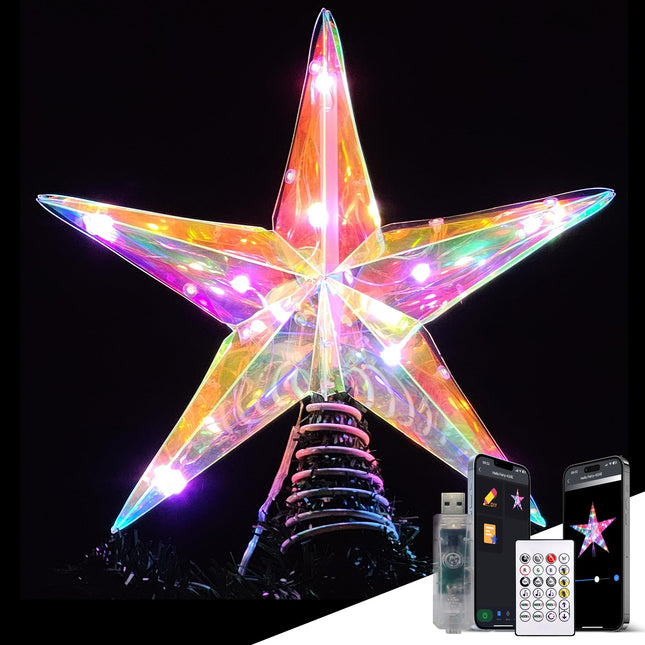 10” Smart Christmas Tree Topper Star, Iridescent Star with 10 RGB LED Lights, 16 Mil. Colors Changing, Music Sync, Timer, Xmas Treetop Decorations