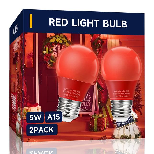 Red Colored Light Bulbs, 5W A15 Light Bulb Equivalent 40 Watt, E26 Medium Base Red LED Bulb for Christmas Decoration, Halloween Decoration, Holiday Party Decor, Home Porch Lighting, 2 Pack