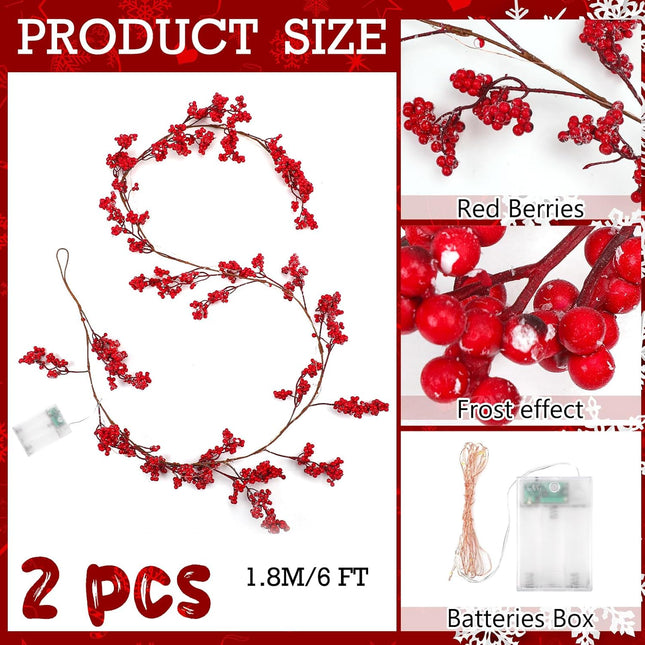 Tigeen 12ft Christmas Red White Pink Berry Garland with Light Prelit Christmas Artificial Pip Garland Decoration with 2 Meters LED Light for Valentine Spring Wedding Party Supplies(Red)