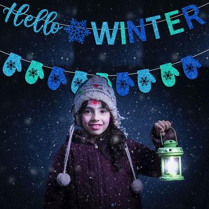 Glitter Hello Winter Banner with Snowflake Signs and Blue Glittery Gloves Banner Winter Snowflake Garland Banner Christmas Holiday Winter Wonderland Birthday Baby Shower Party Mantle Decorations