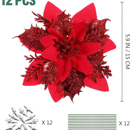 TOYANDONA 12pcs Christmas Glitter Poinsettia Flowers, Artificial Poinsettia Flowers Red Christmas Tree Ornaments with Stems and Clips for Christmas Wreath Wedding Decorations