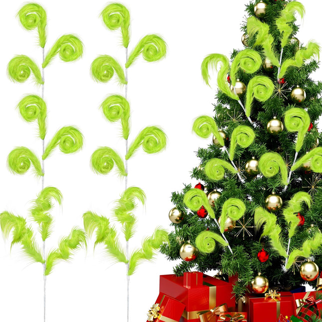 6 Pcs Green Furry Christmas Tree Picks 17'' Furry Spiral Curly Sprays Elf Ornaments Green Woolen Bells Curly Pick Christmas Tree Picks Decorations Topper Filler Branches Home Office Party s