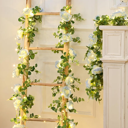 MARTINE MALL 2Pcs 13FT Artificial Eucalyptus Garland with Flowers, Ice Blue Flower Garland Silk Ice Blue Rose Garland Faux Autumn Floral Garland for Table, Party, Wedding, House, Wall Decor