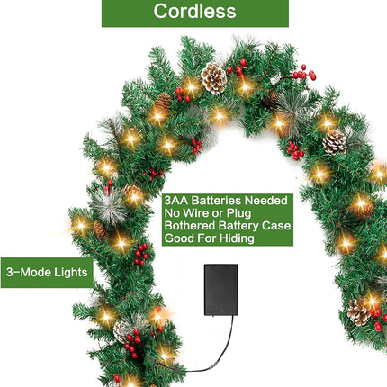 Jelofly 9Ft by 10Inch 100 LED Christmas Garland Battery Operated Christmas Garland Lighted Pine Garland Mantle Garland for Outdoor Indoor Christmas Xmas Holiday Decorations, Warm White
