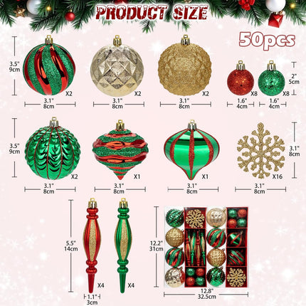 Hollyone Christmas Balls Ornaments Set, 50pcs Glitter Red Green and Gold Shatterproof Christmas Ball Snowflakes Tree Ornaments Hanging Ball Decoration for Xmas Tree Wreath Garland Wedding Home Decor