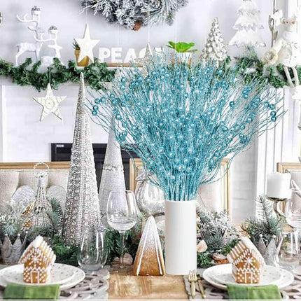 24 Pack Christmas Glitter Berries Stems, 16.5 Inch Champagne Artificial Christmas Picks for Christmas Tree Ornaments, DIY Xmas Wreath, Crafts, Holiday and Home Decor (Blue)