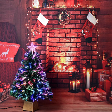 24inch Green Fiber Optic Christmas Tree,Pre-Lit Artificial Mini Christmas Tree, Tabletop Small Xmas tree with Stars Holiday Home Decorations