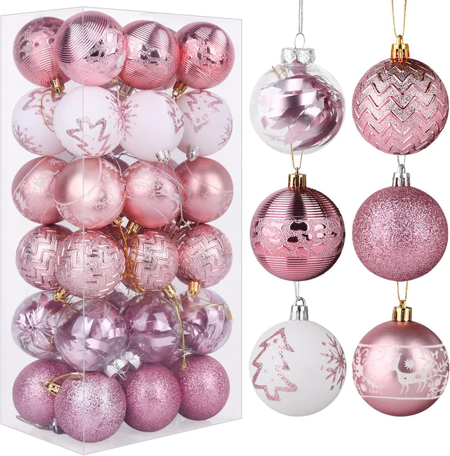 Christmas Balls Ornaments Shatterproof Pink White Christmas Tree Ornament Multicolor Xmas Trees Decorations, 2.36 inches, Set of 36pcs