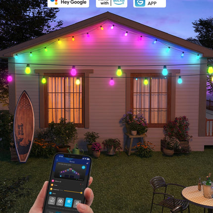 Govee Smart Outdoor String Lights H7021, RGBIC Warm White 96ft (2 Ropes of 48ft) LED Bulbs for Christmas Decorations Outdoor, WiFi Patio Lights Work with Alexa, Google, APP Control, IP65 Waterproof
