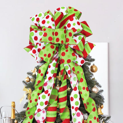 Large 45"x13" Christmas Tree Topper Bow, Green Tree Topper Christmas Decoration, Red & Green Polka Dot Polyester Ribbon Bow for Christmas, Xmas Ornament Holiday Home Indoor/Outdoor