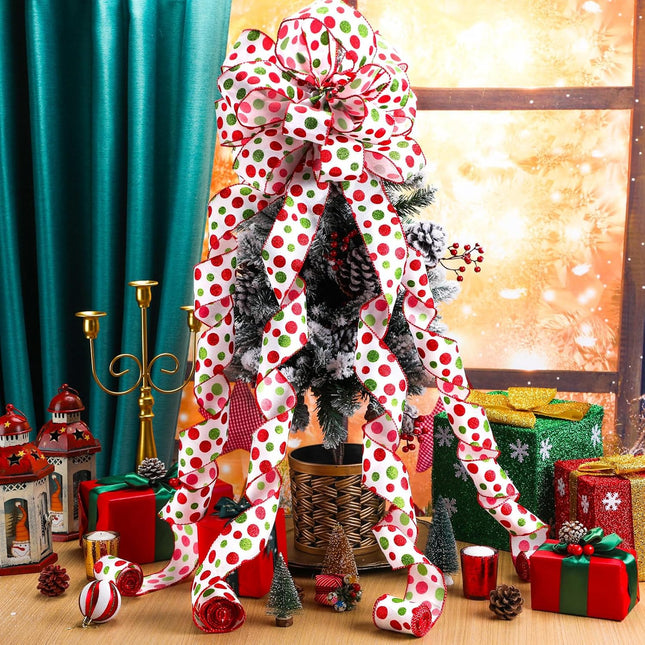 Redbaker 9 ft Christmas Tree Topper Bow Wreath Christmas Elf Topper Bows Lime Green Red White Tree Topper Bows Glitter Christmas Whimsical Wreath for Tree Indoor Outdoor Christmas Decoration(White)
