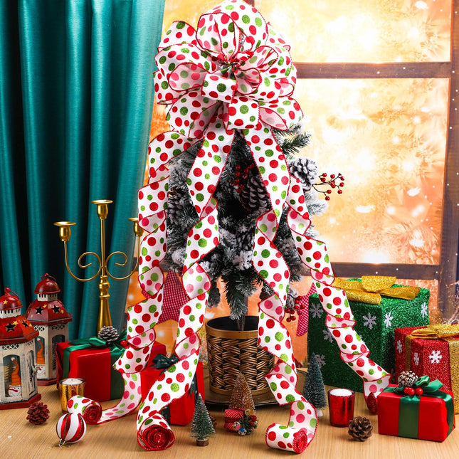Redbaker 9 ft Length Christmas Elf Bows Lime Green Red White Tree Topper Bows Glitter Christmas Whimsical Tree Ornament for Holiday Family Party Indoor Outdoor Decor(White)