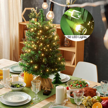 2FT Mini Christmas Tree with 72 Branch Tips, Prelit Tabletop Christmas Tree with 50 LED Lights, Small Artificial Christmas Tree for Best Holiday Home Decorations