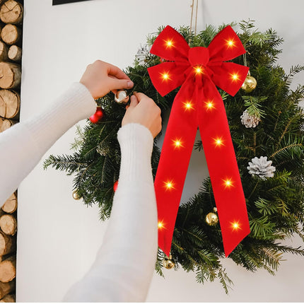 Crowye 12 Pcs Red LED Christmas Bows Lighted Xmas Bows Decoration Red Velvet Wreath Bows LED Light Bows Christmas Tree Topper for Indoor Outdoor Christmas Winter Decoration(8 x 19 Inches)