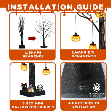 EAMBRITE Halloween Tree, 2FT Black Spooky Tree with 24 LED Orange Lights 8 Pumpkin, Battery Operated Small Tabletop Black Tree with Timer for Indoor Centerpiece Decorations Christmas Home Fireplace