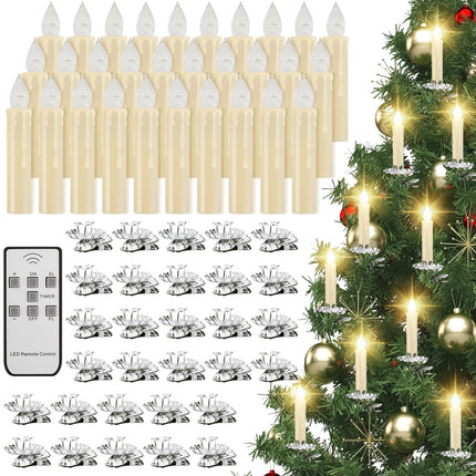 60 Pcs LED Christmas Tree Candles Set 30 Christmas LED Taper Flameless Candles with Remote Timer and 30 Christmas Tree Candle Holder Clip Flower Shape Candles Clips for Christmas Tree (Silver)