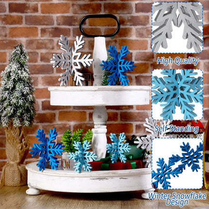 Bucherry 12 Pcs Christmas Wooden Snowflake Table Decor Winter Snowflake Signs 3D Snowflake Tabletop Decorations Snowflake Centerpiece for Home Xmas Party Supplies(Silver)