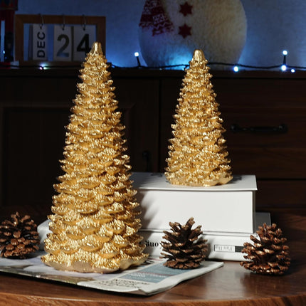NEROSUN Gold Christmas Tree Figurine, Set of 2 Resin Christmas Tree Table Decorations, Christmas Mini Tree Ornaments Table Centerpiece for Indoor Cabinet Mantel Fireplace Holiday Xmas Decor