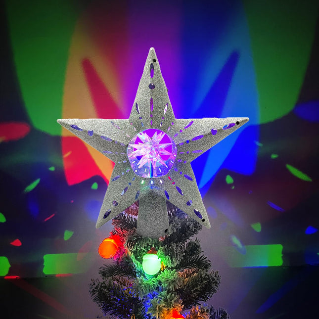 Christmas Tree Topper Lighted with LED Rotating Colorful Projector,Silver Hollowed Christmas Star Tree Topper,Plug in Christmas Tree Ornament for Indoor Outdoor Christmas Tree Decorations