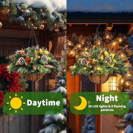 Artificial Christmas Hanging Basket, Decorated with Frosted Pine Cones, Berry Clusters, 30 LED Warm Lights,Christmas Outdoor Decorations for Front Porch Garden Yard Xmas Decor,20 Inches