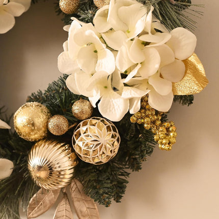 Valery Madelyn Pre-Lit Christmas Wreath for Front Door with Lights, 20 Inch Lighted Christmas Wreath with White Gold Xmas Ball for Fireplace Window Outdoor Table Centerpiece Holiday Home Decoration