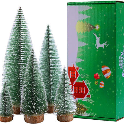 Bottle Brush Christmas Trees 5Sizes Mini Christmas Trees Small Christmas Trees Mini Pine Trees Desktop Miniature Christmas Trees with Snow and Wooden Base for Crafting Decorations (Plant Green)
