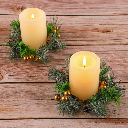6 Pieces Christmas Candle Ring Artificial Berry Candle Rings with Pine Cones Small Wreaths for Home, Wedding, Living Room and Christmas Holiday Table Decoration (Gold, 4.7 Inch)
