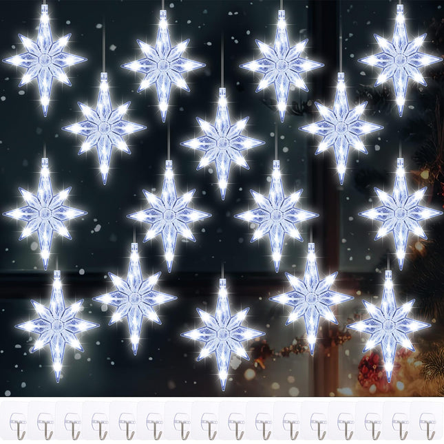 16 Pcs Bethlehem Christmas Window Star Lights Bulk LED Christmas Silhouette Hanging Window Lights with Suction Cups Plastic Lighted Star Tree Topper Decoration (Warm White)