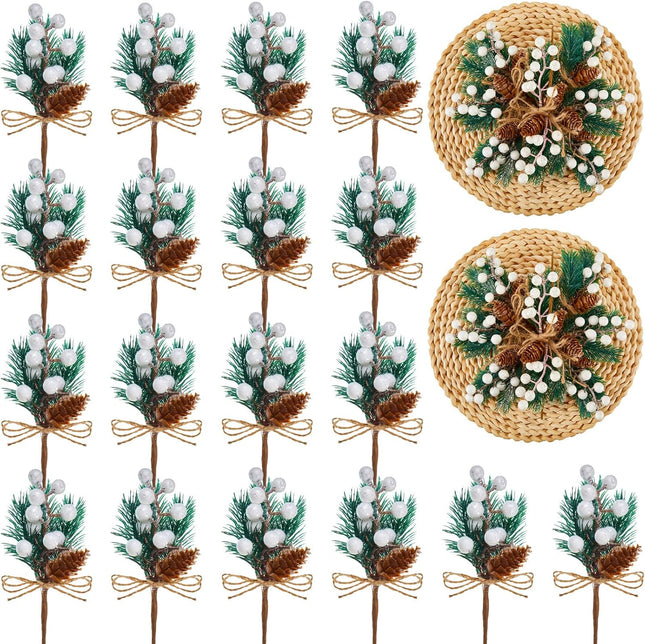 24 Pieces Christmas White Beries Stems Pine Branches White Holly Spray Berry Pine Branch White Berry Stems Pine Stems Winter Pine Cones for Xmas Tree Wreath Garland Crafts Wrapping DIY Ornaments