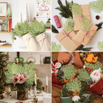 20Pcs Artificial Glitter Monstera Leaves Stems 14.96In Christmas Fake Palm Leaves Picks Faux Monstera Leaves Stems for Christmas Tree Garland Party Holiday Home Table Indoor Outdoor Decor(Green)