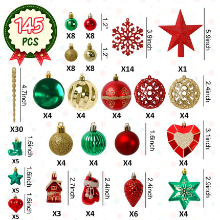 Garma Christmas Balls Ornaments Set, 145Pcs Christmas Tree Garland Red Green Gold Shatterproof Plastic Decorative Baubles for Xmas Tree Hanging Balls Decorations Kit for Holiday Party Seasonal Decor