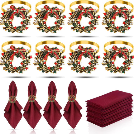 KPOSIYA 16pcs Christmas Wreath Napkin Rings Set of 8 and 8 Christmas Napkins Cloth, Napkins holdes for Dinning Table Setting Decoration, Xmas Dinner Tables Rings for Winter Party