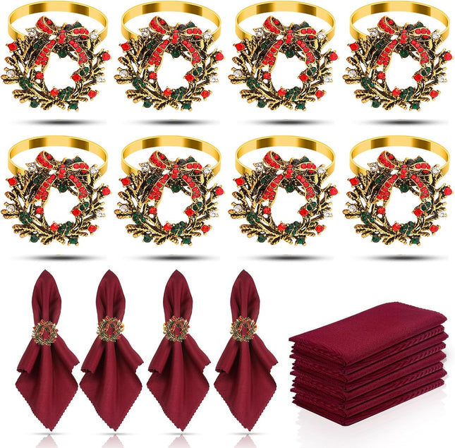 KPOSIYA 16pcs Christmas Wreath Napkin Rings Set of 8 and 8 Christmas Napkins Cloth, Napkins holdes for Dinning Table Setting Decoration, Xmas Dinner Tables Rings for Winter Party