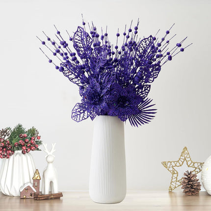 24 Pack Christmas Tree Ornaments - Artificial Flowers Glitter Berry Stems Christmas Floral Picks Branches for Xmas Tree Decorations Vase Filler Holiday Wedding Party Home Decor (Purple)